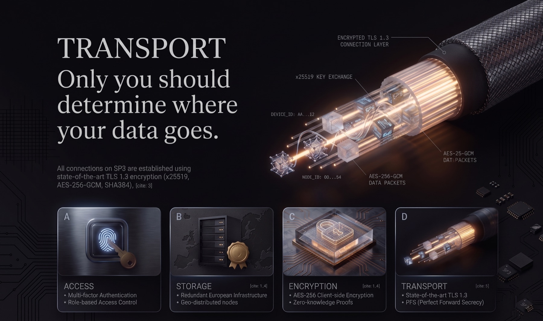 Transport layer — TLS 1.3, x25519, AES-256-GCM. Four pillars: Access, Storage, Encryption, Transport.
