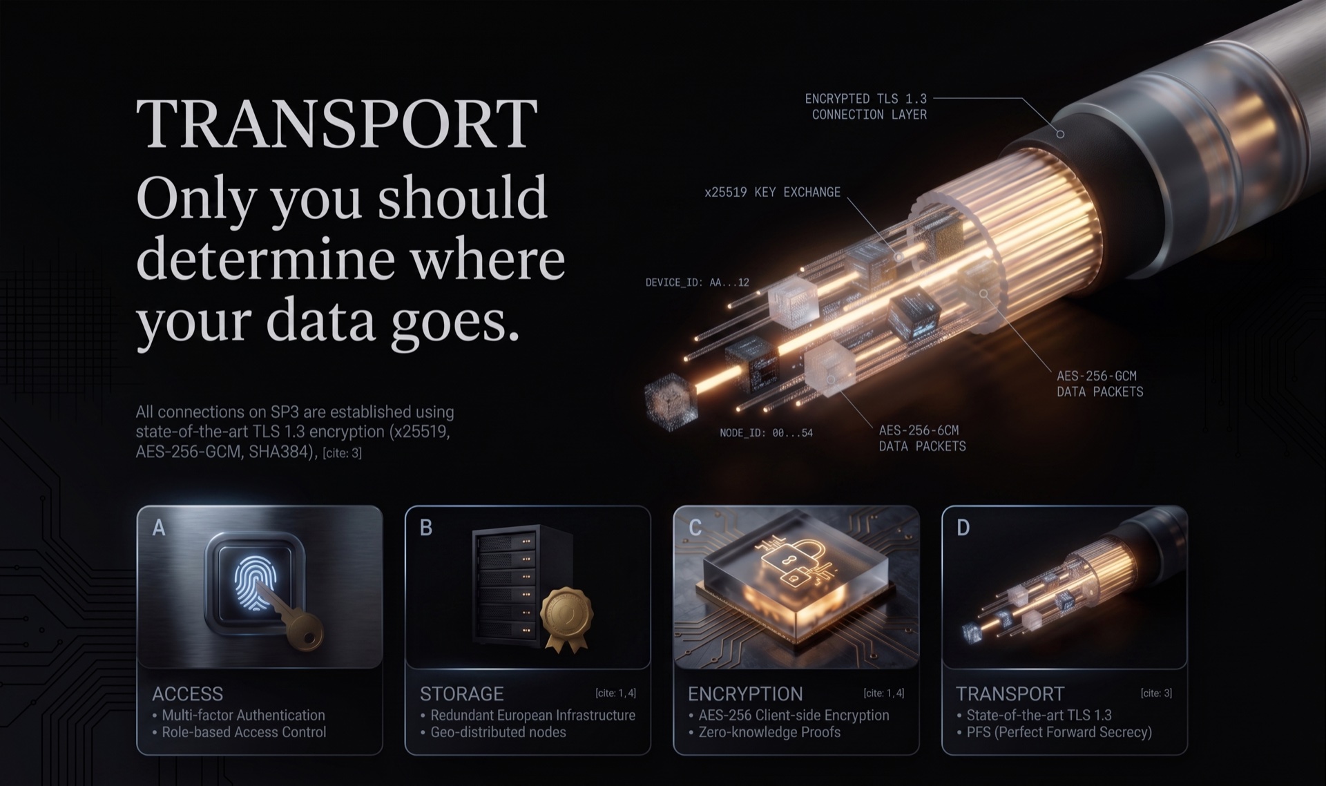 Transport — TLS 1.3, x25519, AES-256-GCM